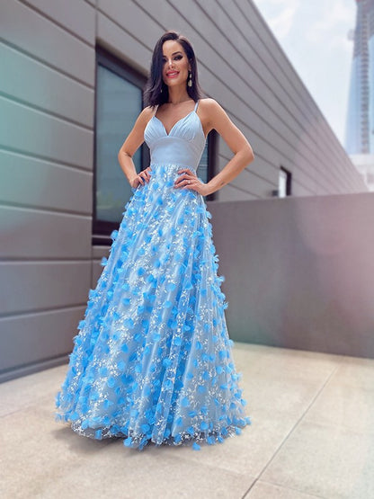 A-Line/Princess V-neck Tulle Applique Floor-Length Sleeveless Party Dresses Formal Dresses