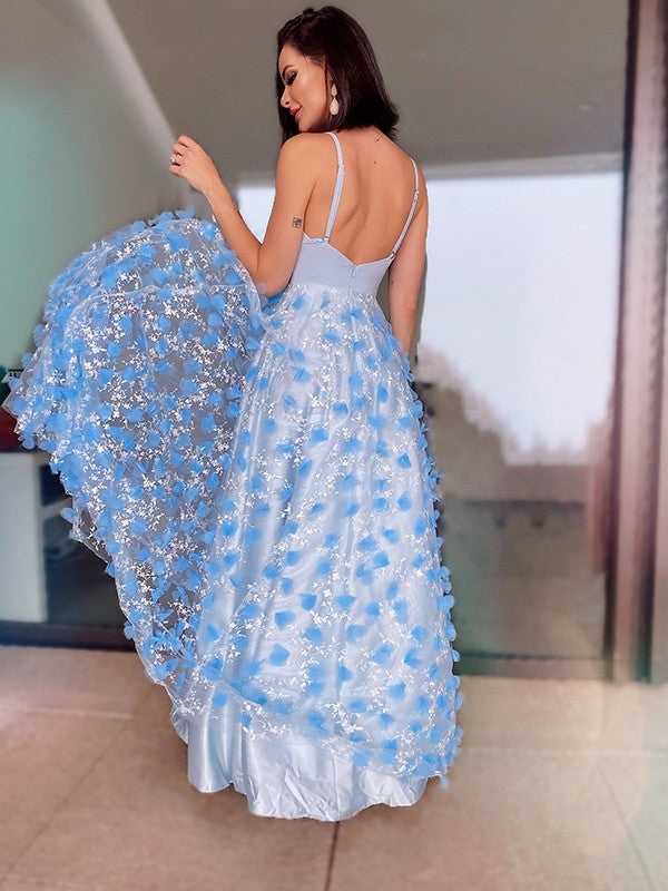 A-Line/Princess V-neck Tulle Applique Floor-Length Sleeveless Party Dresses Formal Dresses