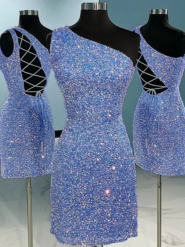 A-Line Sheath / Column Homecoming Dresses Sparkle & Shine Dress Holiday Short / Mini Sleeveless One Shoulder Sequined with Glitter Strappy