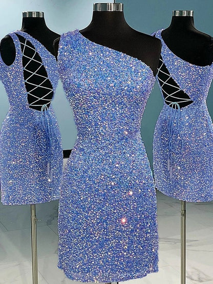 A-Line Sheath / Column Homecoming Dresses Sparkle & Shine Dress Holiday Short / Mini Sleeveless One Shoulder Sequined with Glitter Strappy