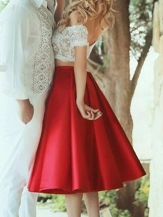 A-Line/Princess Sleeveless Off-the-Shoulder Satin Lace Knee-Length Two Piece Homecoming Dresses