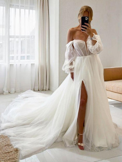 A-Line/Princess Tulle Sweetheart Long Sleeves Off Shoulder Chapel Train Corset Convertible Wedding Dresses