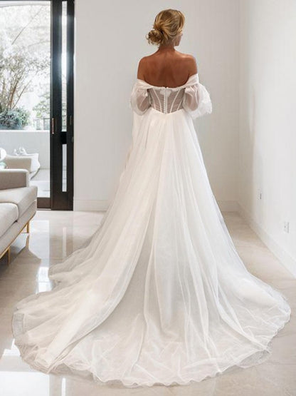 A-Line/Princess Tulle Sweetheart Long Sleeves Off Shoulder Chapel Train Corset Convertible Wedding Dresses