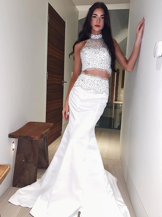 Trumpet/Mermaid Satin Beading High Neck Sleeveless Sweep/Brush Train Two Piece Party Dresses Formal Dresses