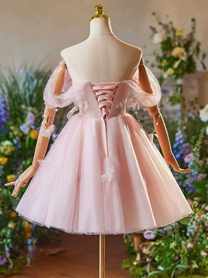 Elegant A-Line Off Shoulder Tulle Wrinkle Bead Decoration Fresh Short lovely Prom Dress