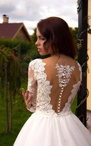 Princess A-Line V-Neck Tulle Ivory Long Sleeves Wedding Dresses