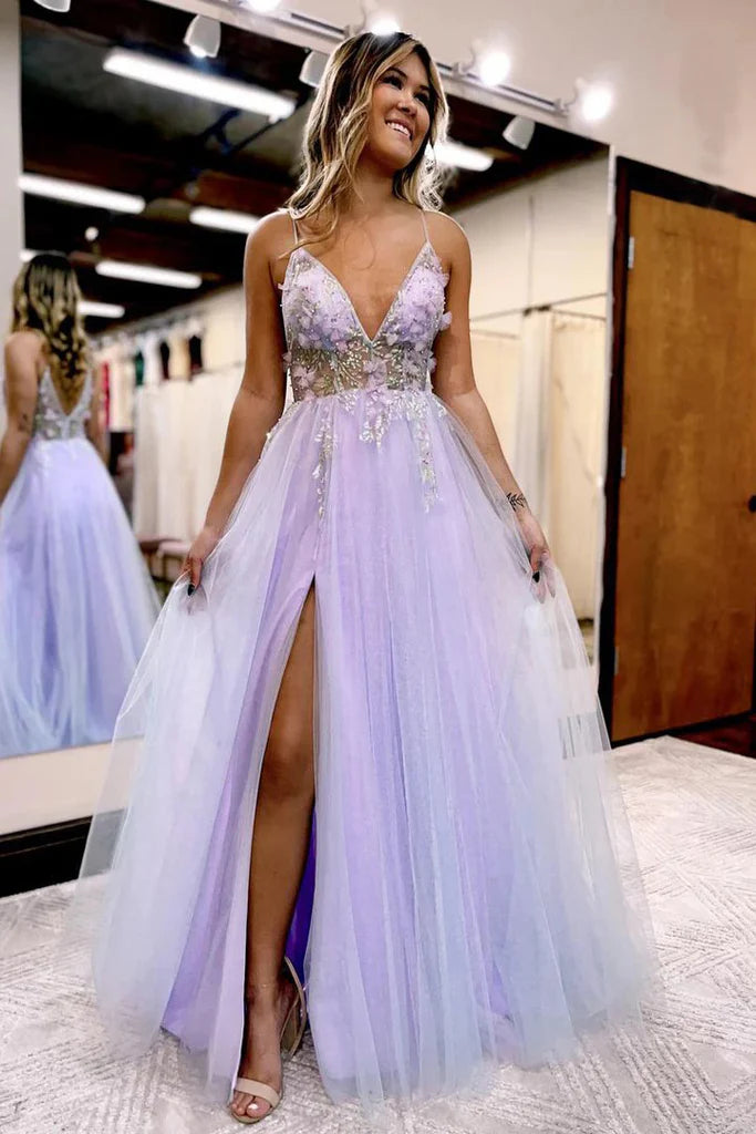V-Neck Spaghetti Straps Slit Tulle Prom Dress