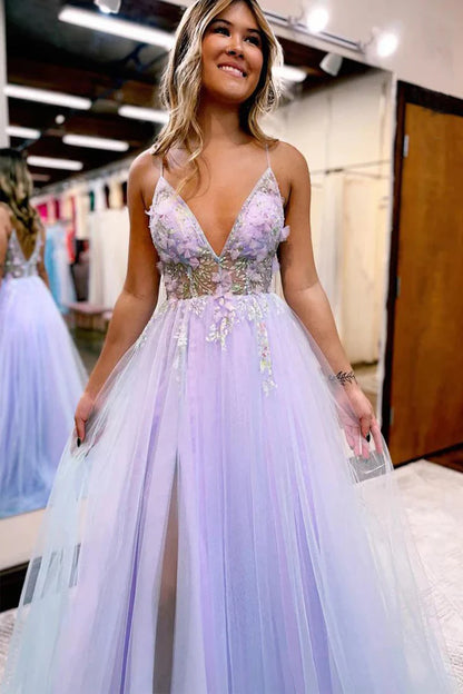 V-Neck Spaghetti Straps Slit Tulle Prom Dress