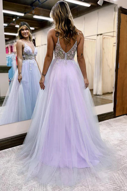 V-Neck Spaghetti Straps Slit Tulle Prom Dress