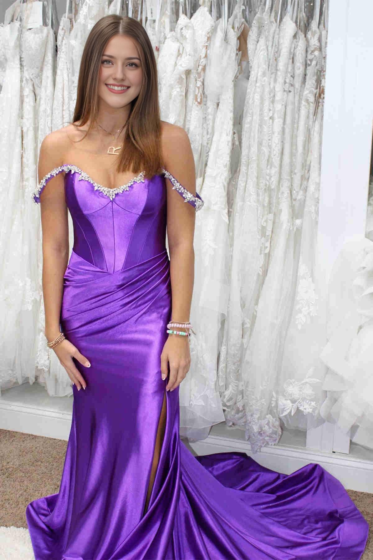 Sheath Mermaid Off the Shoulder  Sweep/Brush Train Evening Dresses Beaded Royal Blue Prom Dress with Slit