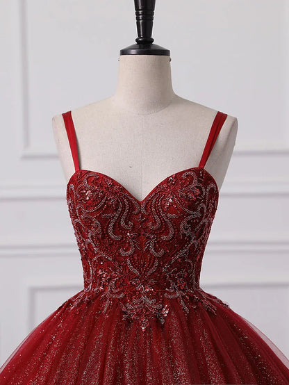 Ball Gown Prom Dresses Princess Dress Graduation Floor Length Sleeveless Spaghetti Strap Lace with Beading Appliques