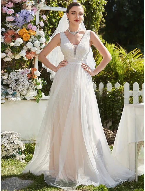 A-Line V Neck Sleeveless Sweep / Brush Train Tulle Bridal Gowns With Lace Wedding Dresses&Bridal Dresses