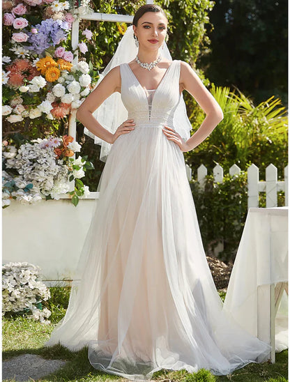 A-Line V Neck Sleeveless Sweep / Brush Train Tulle Bridal Gowns With Lace Wedding Dresses&Bridal Dresses