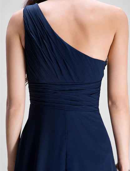 Sheath / Column Empire Dress Wedding Guest Floor Length Sleeveless One Shoulder Chiffon with Ruched Beading