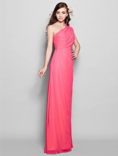 Sheath / Column Bridesmaid Dress One Shoulder Sleeveless Elegant Floor Length Chiffon with Side DrapingSheath / Column Bridesmaid Dress One Shoulder Sleeveless Elegant Floor Length Chiffon with Side Draping