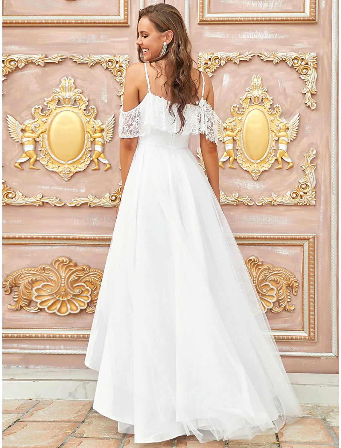 Reception Little White Dresses Boho Wedding Dresses A-Line Off Shoulder Short Sleeve Asymmetrical Lace Bridal Gowns With Lace Draping Bridal Dresses
