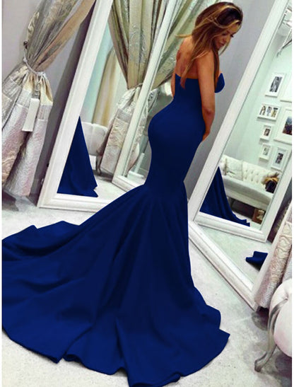 Sheath Mermaid Sleeveless Party Dress Sexy  Dress Strapless  Court Train Stretch Fabric with Pleats