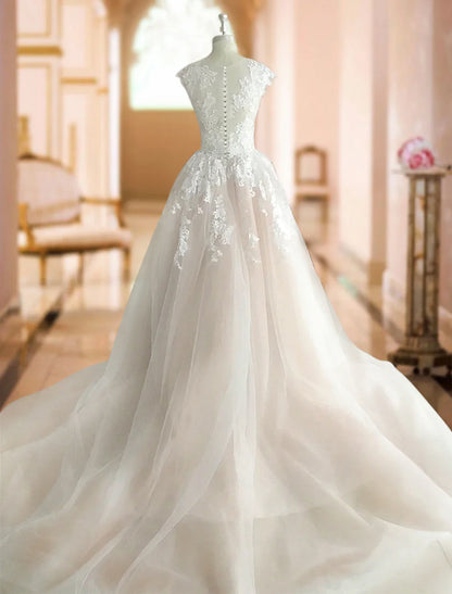 Formal Wedding Dresses Ball Gown Illusion Neck Cap Sleeve Court Train Lace Bridal Gowns With Buttons Appliques 2023 Summer Wedding Party, Women's Clothing