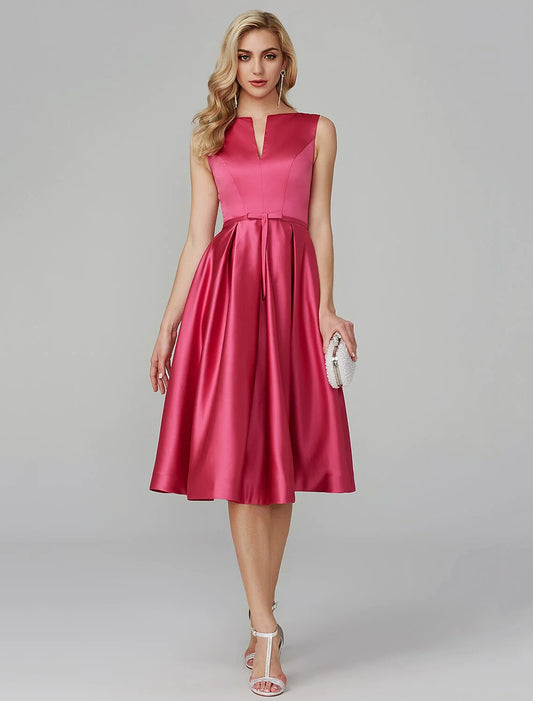A-Line Party Dress Wedding Guest Knee Length Sleeveless V Wire Barbiecore Satin with Sash / Ribbon