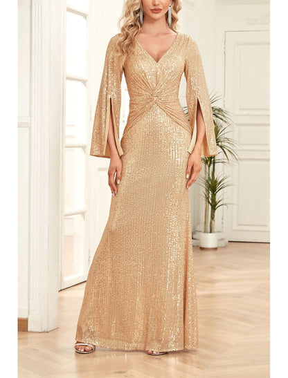 Sheath Mermaid Sleek Glitter Sparking Sequins Wedding Guest Party Dress V Neck Floor Length  Long Sleeve Prom Dress