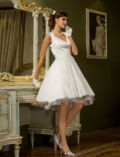 A-Line Sweetheart Cap Sleeve Knee Length Satin Bridal Gowns With Lace Button Little White Dresses Wedding Dresses