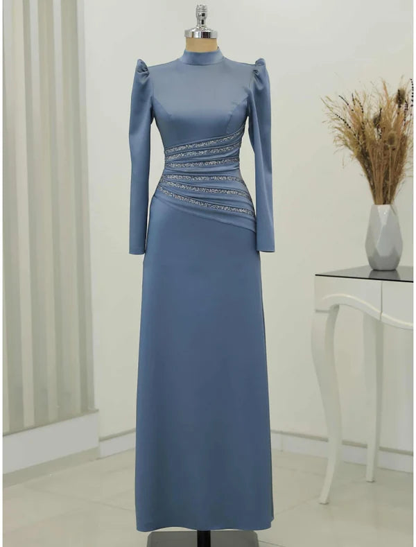 Evening Gown Formal Ankle Length Long Sleeve High Neck Satin with Glitter Ruched