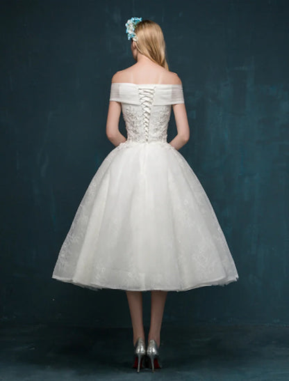 Bridal Dresses Wedding Dresses A-Line Off Shoulder Cap Sleeve Tea Length Lace Bridal Gowns With Beading Sequin