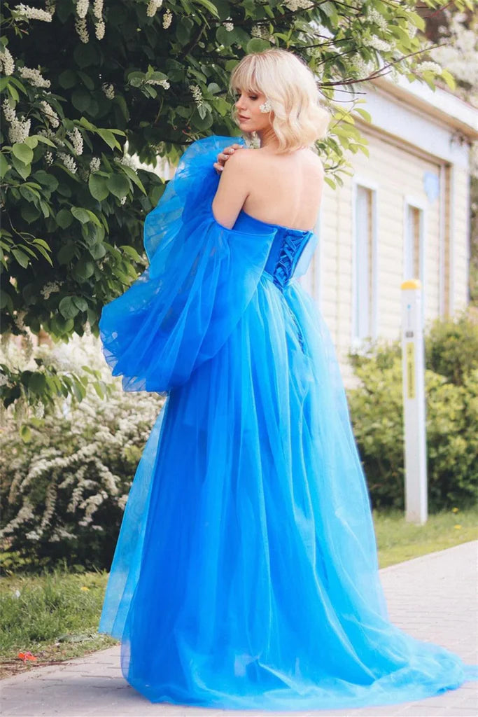 Lace Applique Illusion Sleeves Tulle Long Prom Dress with Slit