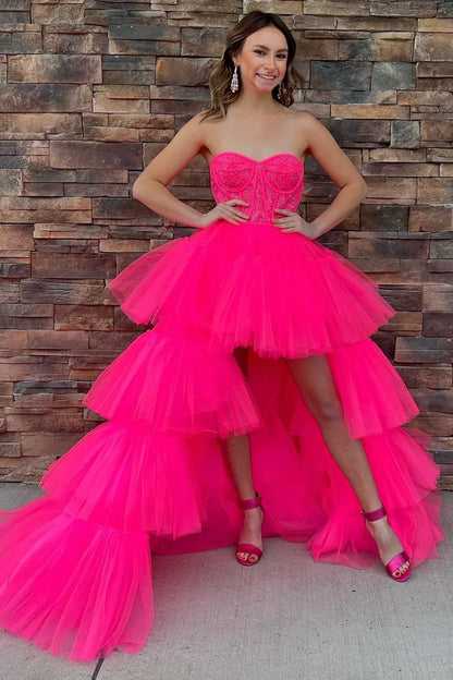 Lace Corset Tiered High-Low Prom Gown
