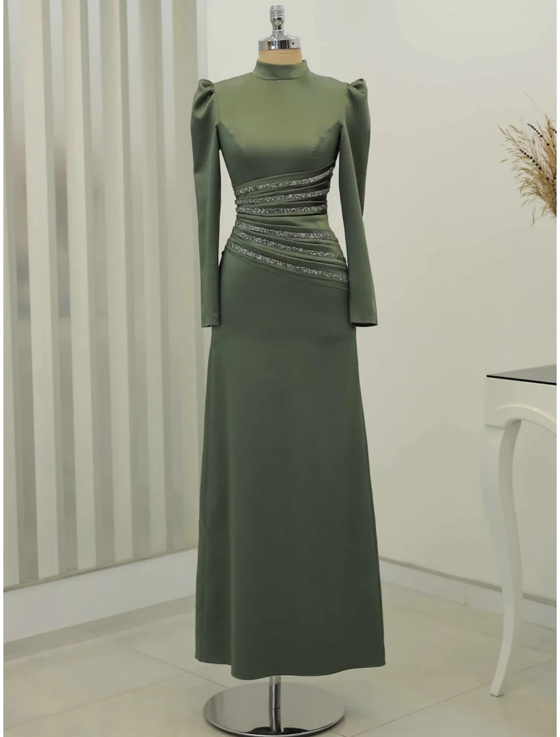 Evening Gown Formal Ankle Length Long Sleeve High Neck Satin with Glitter Ruched