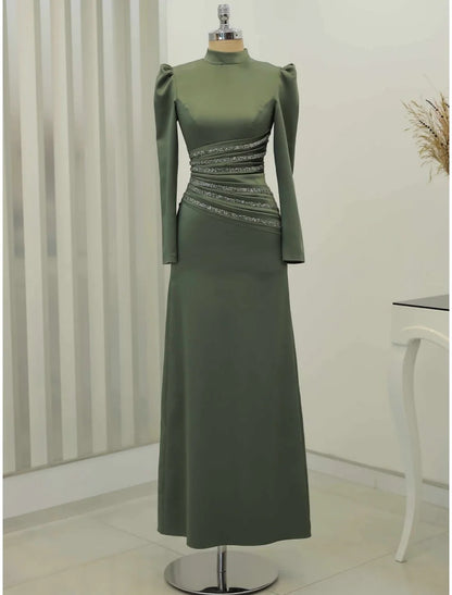 Evening Gown Formal Ankle Length Long Sleeve High Neck Satin with Glitter Ruched