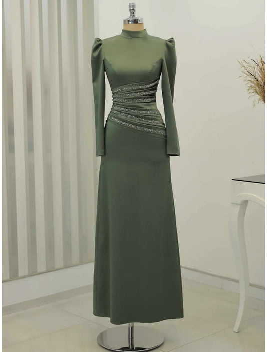 Evening Gown Formal Ankle Length Long Sleeve High Neck Satin with Glitter Ruched