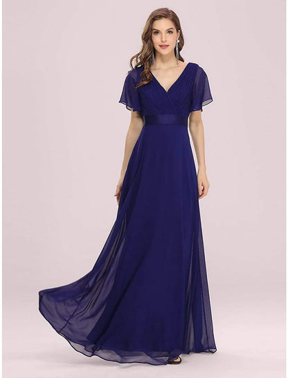 A-Line Evening Gown Empire Dress Wedding Guest Formal Evening Floor Length Short Sleeve V Neck Bridesmaid Dress Chiffon V Back with Ruffles Solid Color