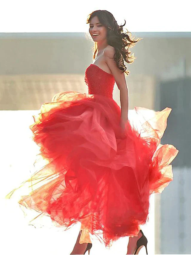 A-Line Luxurious Elegant Party Wear Prom Birthday Dress Sweetheart Neckline Sleeveless Floor Length Tulle with Pleats