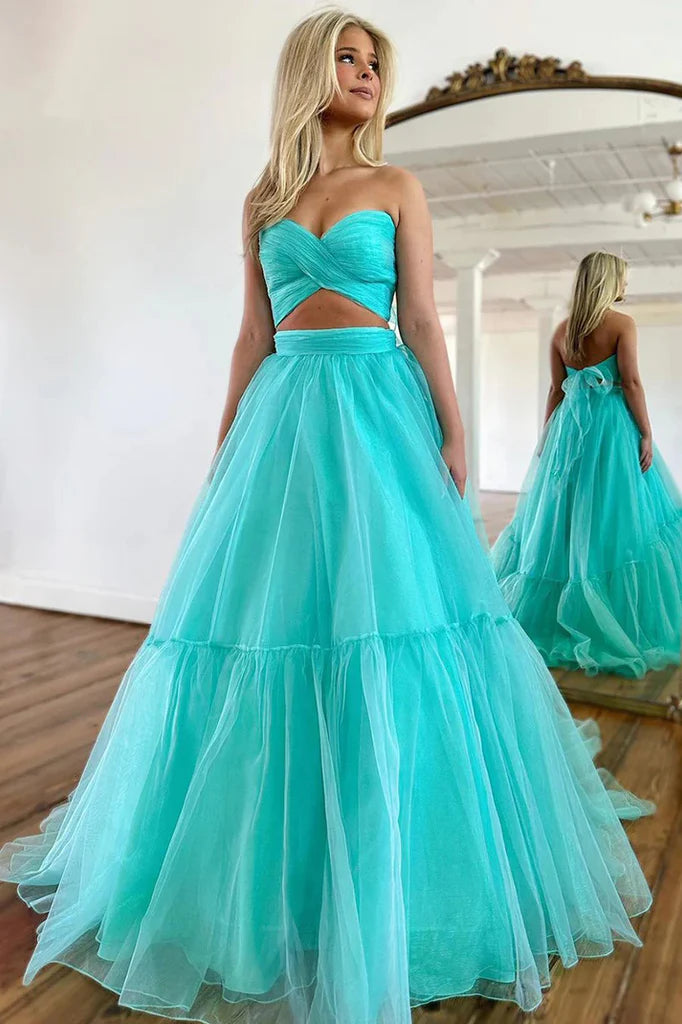Off Shoulder A-line Mint Green Tulle Prom Long Formal Dress