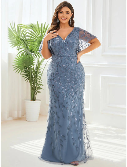 Mermaid / Trumpet Evening Gown Sparkle Dress Formal Floor Length Short Sleeve V Neck Fall Wedding Guest Tulle with Sequin