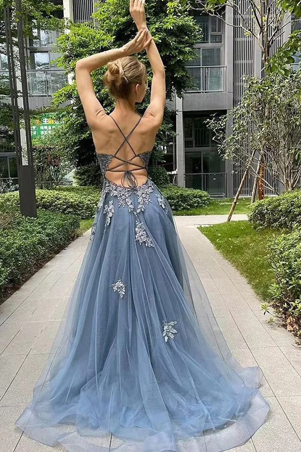 Spaghetti Straps Corset Back Split Long Prom Dress