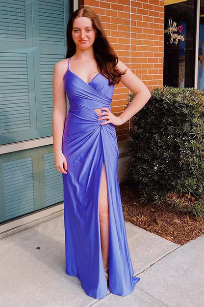 Sheath Spaghetti Straps Corset Back  Prom Dress With Split