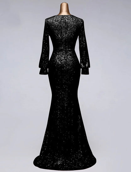 Mermaid / Trumpet Evening Gown Elegant Dress Wedding Guest Floor Length Long Sleeve V Neck Tulle with Sequin Slit