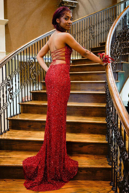 Sheath Mermaid V Neck Shine Sequins Sweep/Brush Train Dresses Lace-Up Front Slit Long Prom Dress