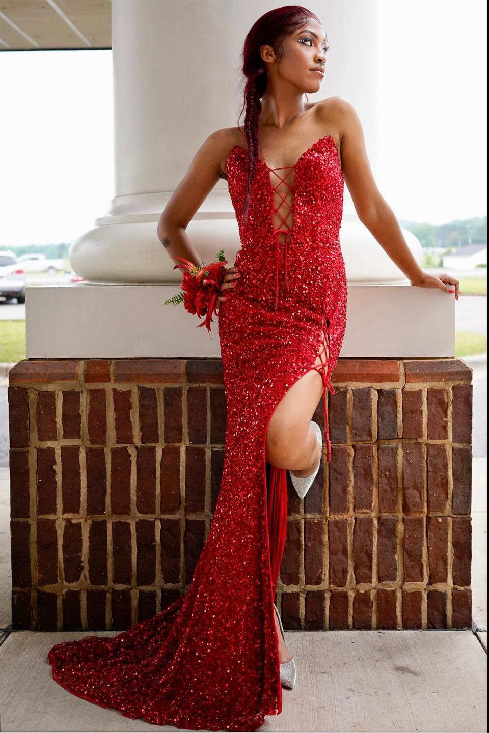 Sheath Mermaid V Neck Shine Sequins Sweep/Brush Train Dresses Lace-Up Front Slit Long Prom Dress