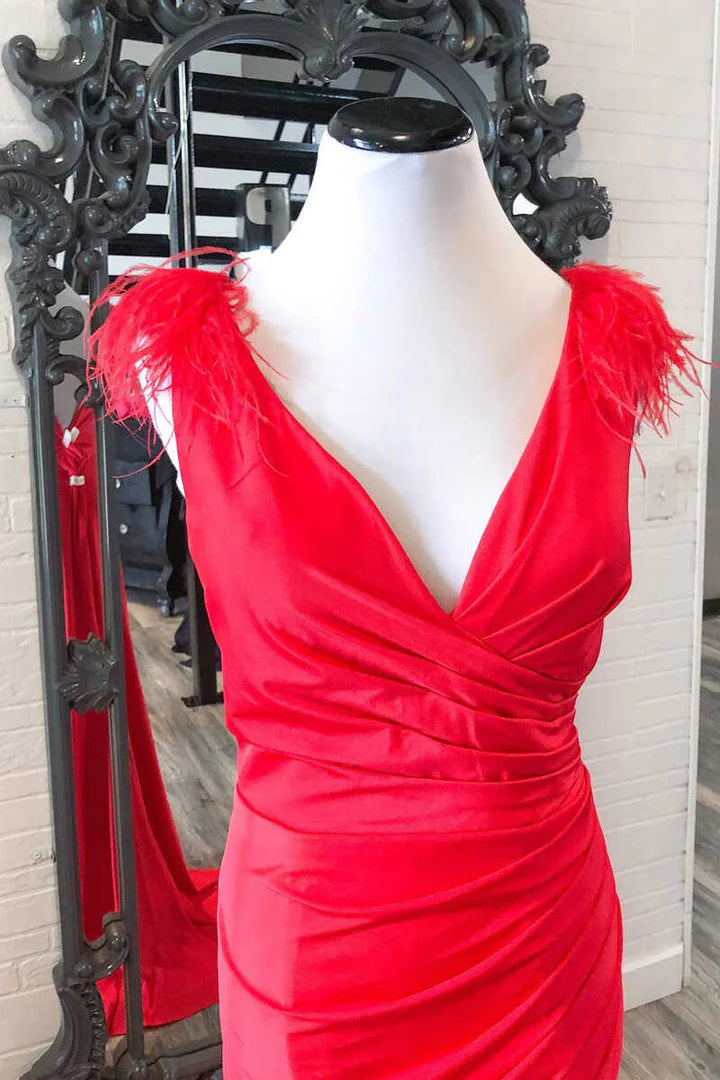 Feather V-Neck Long Prom Dress with Slit