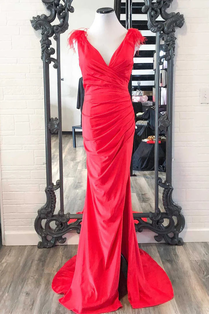 Feather V-Neck Long Prom Dress with Slit