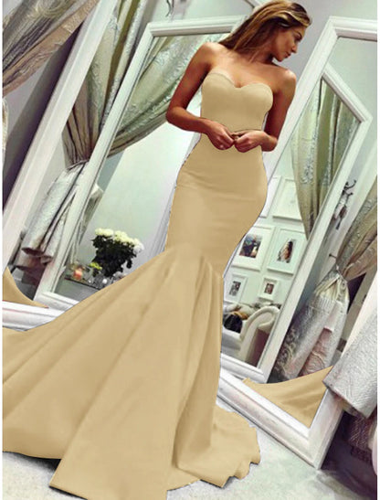 Sheath Mermaid Sleeveless Party Dress Sexy  Dress Strapless  Court Train Stretch Fabric with Pleats