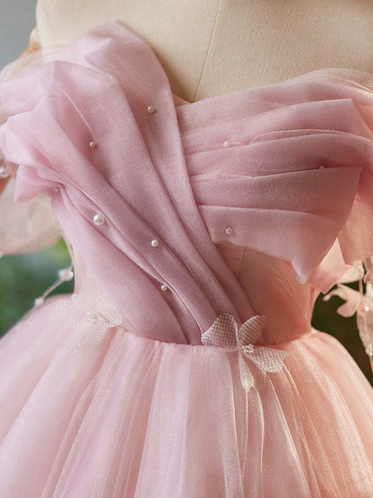 Elegant A-Line Off Shoulder Tulle Wrinkle Bead Decoration Fresh Short lovely Prom Dress