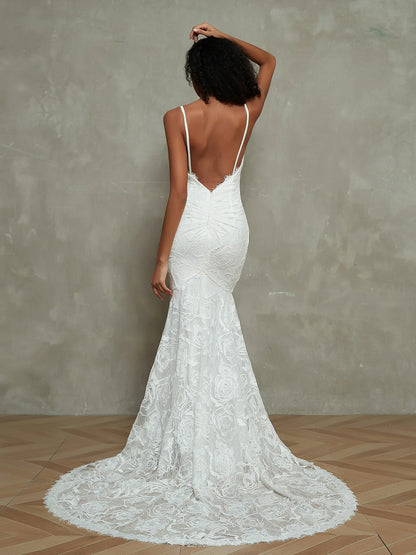 Temperament Lace Spaghetti Straps Mermaid Boho Lace Beach Backless Wedding Dresses