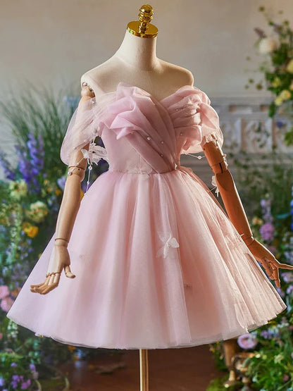 Elegant A-Line Off Shoulder Tulle Wrinkle Bead Decoration Fresh Short lovely Prom Dress