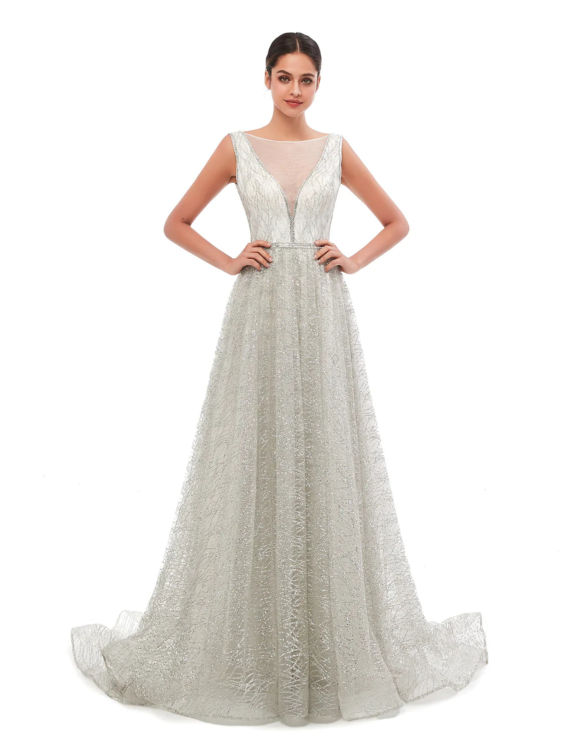 A-Line Evening Gown Vintage Dress Prom Court Train Sleeveless Illusion Neck Sequined with Sequin