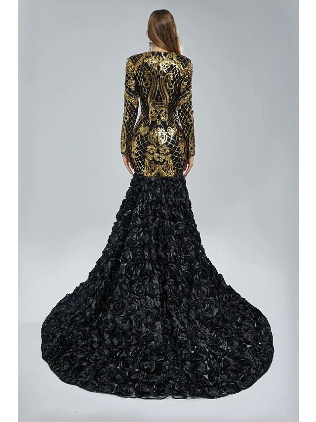 Mermaid / Trumpet Evening Gown Elegant Dress Engagement Court Train Long Sleeve V Neck Sequined with Sequin
