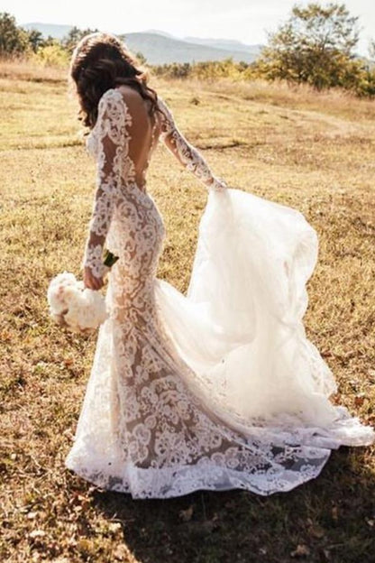 Romantic Long Appliques Backless Lace Mermaid Ivory Wedding Dresses